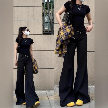 FA38053# 美式低腰喇叭西装裤女夏季新款春秋垂坠感休闲微喇马蹄阔腿裤  服裝批發女裝批發服飾貨源
