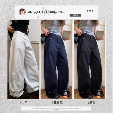 FA38054# 藏青色美式铆钉弯刀裤女夏季新款宽松显瘦辣妹低腰春秋阔腿裤  服裝批發女裝批發服飾貨源