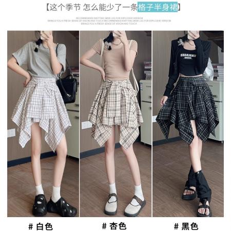 FA38055# 假衬衫格子半身裙女夏季新款高腰a字显瘦百搭不规则韩系短裙  服裝批發女裝批發服飾貨源