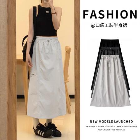 FA38056# 口袋工装裙女夏季薄新款高腰休闲显瘦小众中长款a字小个子半身裙  服裝批發女裝批發服飾貨源