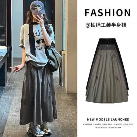FA38057# 军绿色工装裙女夏季薄新款高腰宽松显瘦休闲设计感a字半身裙  服裝批發女裝批發服飾貨源