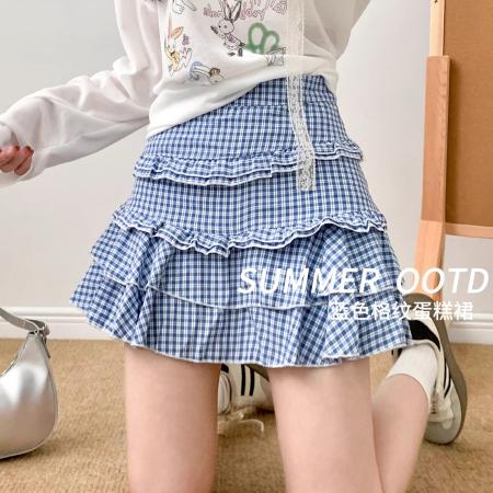 FA38059# 多巴胺蓝色格子半身裙女夏季薄新款温柔风短裙显瘦a字蛋糕裙  服裝批發女裝批發服飾貨源