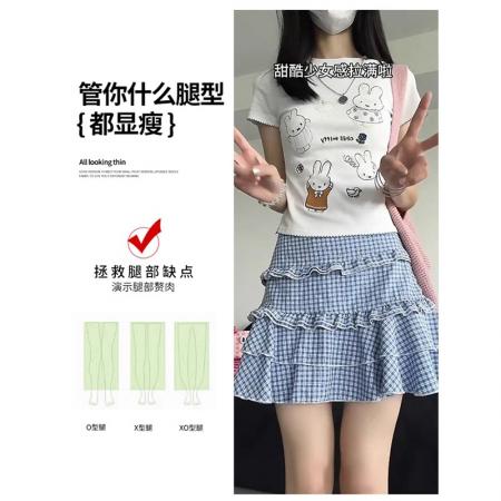 FA38059# 多巴胺蓝色格子半身裙女夏季薄新款温柔风短裙显瘦a字蛋糕裙  服裝批發女裝批發服飾貨源