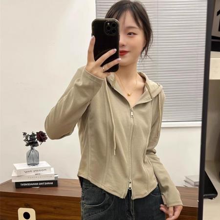 双拉链连帽卫衣女秋季设计感独特绝美上衣  服裝批發女裝批發服飾貨源