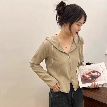 双拉链连帽卫衣女秋季设计感独特绝美上衣  服裝批發女裝批發服飾貨源