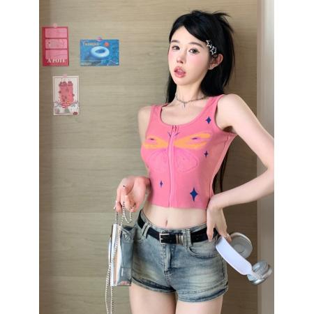 FA38082# 玫红色涂鸦印花吊带背心女夏修身拉链短款上衣外穿  服裝批發女裝批發服飾貨源