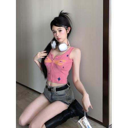 FA38082# 玫红色涂鸦印花吊带背心女夏修身拉链短款上衣外穿  服裝批發女裝批發服飾貨源