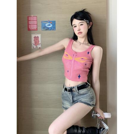 FA38082# 玫红色涂鸦印花吊带背心女夏修身拉链短款上衣外穿  服裝批發女裝批發服飾貨源