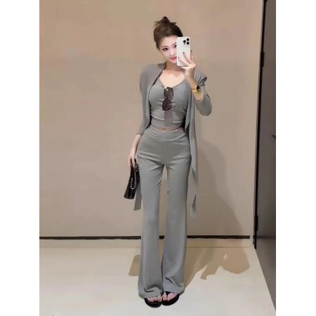 FA38086# 早秋新款纯欲辣妹吊带背心女修身显瘦中长款开衫高腰休闲裤三件套 服裝批發女裝批發服飾貨源