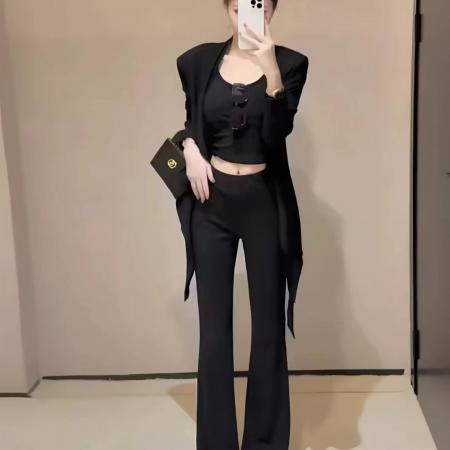 FA38086# 早秋新款纯欲辣妹吊带背心女修身显瘦中长款开衫高腰休闲裤三件套 服裝批發女裝批發服飾貨源