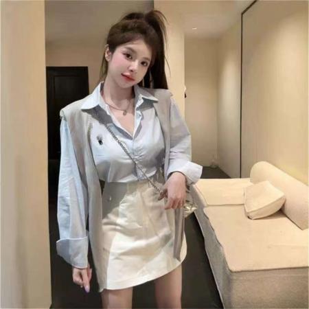 FA38088# 蓝色翻领单排扣长袖防晒衬衫披肩高腰半身裙三件套女秋季休闲套装 服裝批發女裝批發服飾貨源