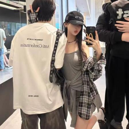 FA38092# 慵懒风复古格子长袖衬衫+绑带设计吊带裙女两件套休闲chic套装 服裝批發女裝批發服飾貨源