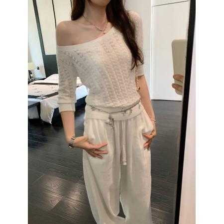 FA38100# 图法式高级感镂空羊毛针织衫女夏新款修身显瘦五分袖上衣 服裝批發女裝批發服飾貨源