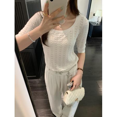 FA38100# 图法式高级感镂空羊毛针织衫女夏新款修身显瘦五分袖上衣 服裝批發女裝批發服飾貨源