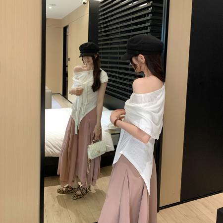 FA38101# 图慵懒麻棉披肩套装女夏新款收腰显瘦斜肩短袖上衣两件套 服裝批發女裝批發服飾貨源