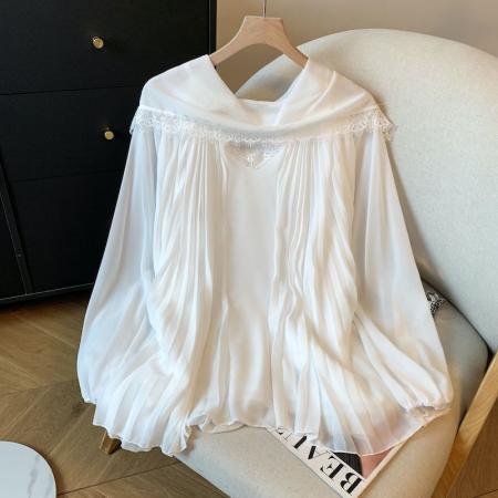 FA38109# 美德拉甜美风洋气v领别致蕾丝雪纺小衫女 服裝批發女裝批發服飾貨源