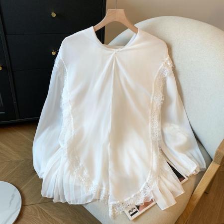FA38109# 美德拉甜美风洋气v领别致蕾丝雪纺小衫女 服裝批發女裝批發服飾貨源
