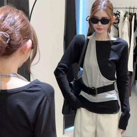 FA38112# 韩系拼色假两件设计不规则长袖T恤 服裝批發女裝批發服飾貨源