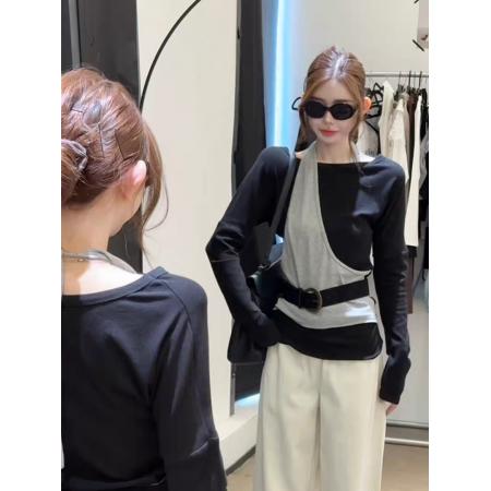 FA38112# 韩系拼色假两件设计不规则长袖T恤 服裝批發女裝批發服飾貨源