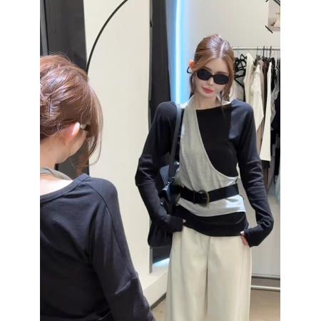 FA38112# 韩系拼色假两件设计不规则长袖T恤 服裝批發女裝批發服飾貨源