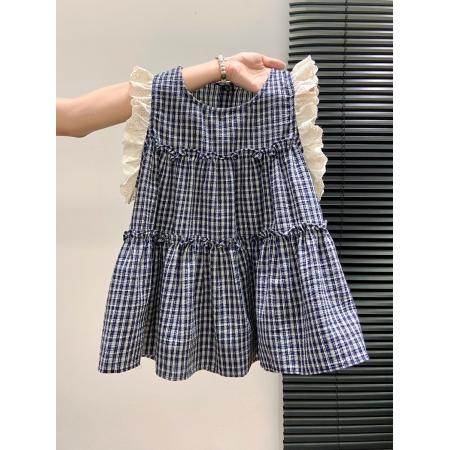 格子圆领无袖衬衫女夏季新款娃娃衫法式独特绝美小飞袖上衣 服裝批發女裝批發服飾貨源