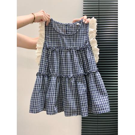 FA38120# 格子圆领无袖衬衫女夏季新款娃娃衫法式独特绝美小飞袖上衣 服裝批發女裝批發服飾貨源