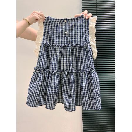 FA38120# 格子圆领无袖衬衫女夏季新款娃娃衫法式独特绝美小飞袖上衣 服裝批發女裝批發服飾貨源