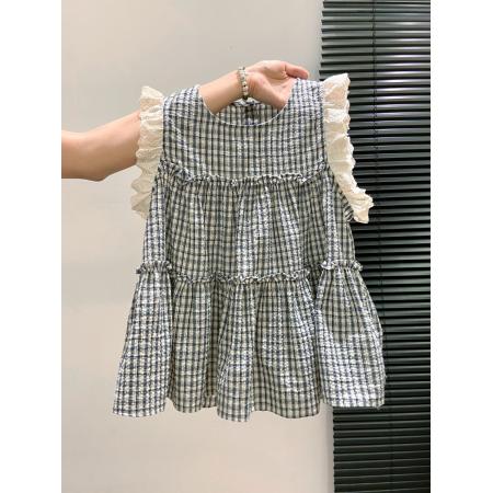 FA38120# 格子圆领无袖衬衫女夏季新款娃娃衫法式独特绝美小飞袖上衣 服裝批發女裝批發服飾貨源