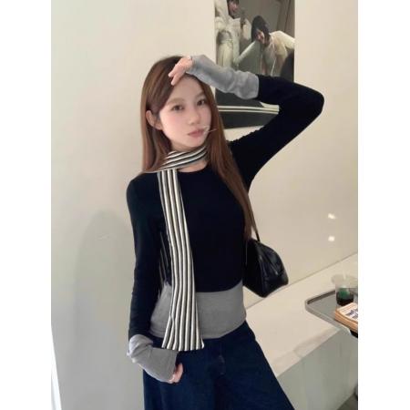 FA38121# 设计感假两件撞色长袖恤女秋小众打底衫修身显瘦辣妹上衣 服裝批發女裝批發服飾貨源