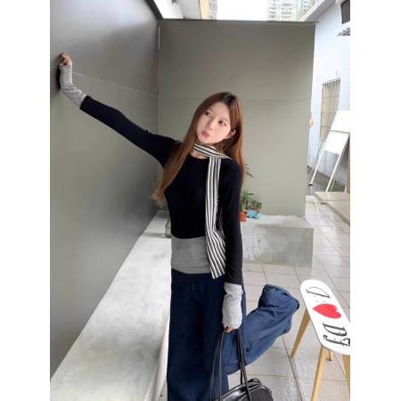 FA38121# 设计感假两件撞色长袖恤女秋小众打底衫修身显瘦辣妹上衣 服裝批發女裝批發服飾貨源