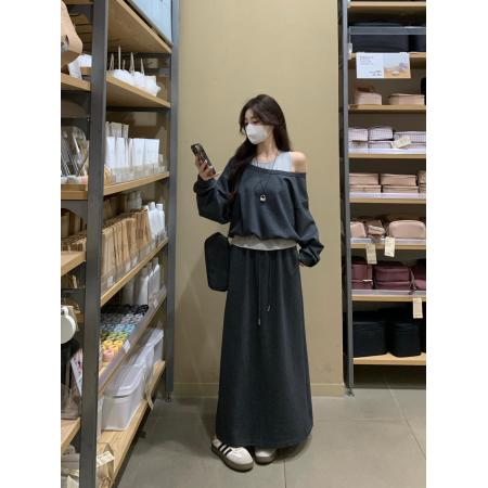 FA38128# 大码韩版秋季露肩撞色假两件卫衣高腰半身裙女两件套 服裝批發女裝批發服飾貨源