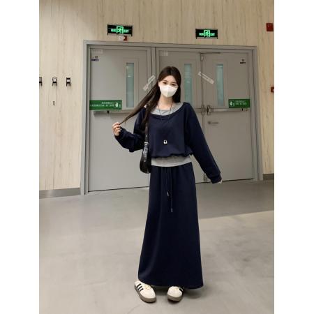 FA38128# 大码韩版秋季露肩撞色假两件卫衣高腰半身裙女两件套 服裝批發女裝批發服飾貨源