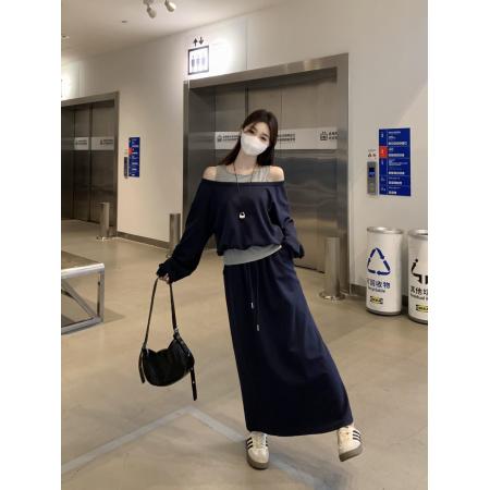 FA38128# 大码韩版秋季露肩撞色假两件卫衣高腰半身裙女两件套 服裝批發女裝批發服飾貨源