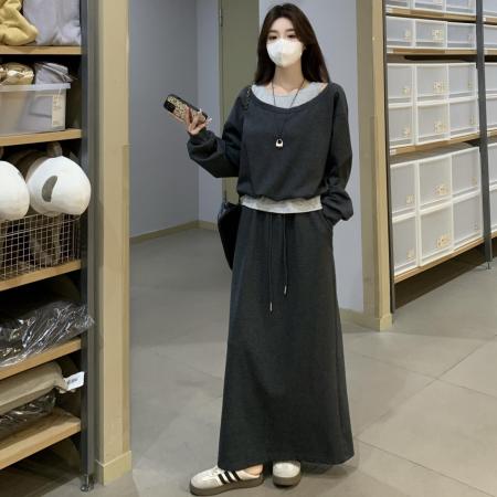 FA38128# 大码韩版秋季露肩撞色假两件卫衣高腰半身裙女两件套 服裝批發女裝批發服飾貨源