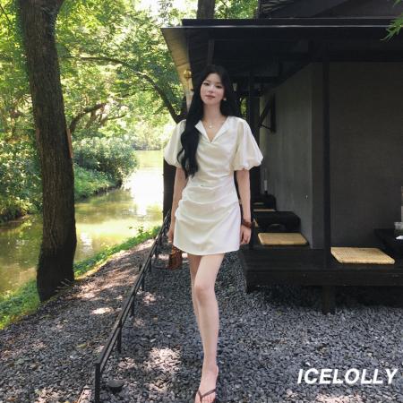 FA38133# 轻熟小众不撞款短袖收腰褶皱连衣裙女夏泡泡袖掐腰短裙子 服裝批發女裝批發服飾貨源