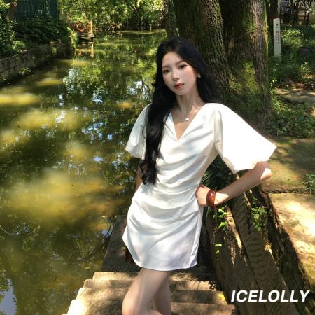 FA38133# 轻熟小众不撞款短袖收腰褶皱连衣裙女夏泡泡袖掐腰短裙子 服裝批發女裝批發服飾貨源