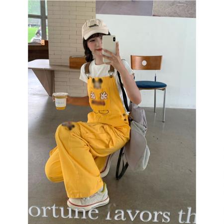 FA38136# 很秀可爱背带牛仔裤女美式复古卡通猫咪宽松显瘦长裤潮 服裝批發女裝批發服飾貨源