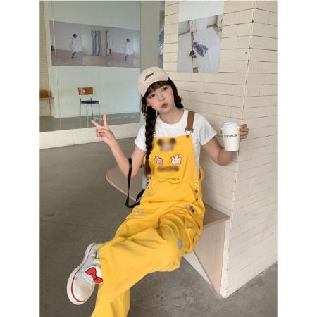 FA38136# 很秀可爱背带牛仔裤女美式复古卡通猫咪宽松显瘦长裤潮 服裝批發女裝批發服飾貨源