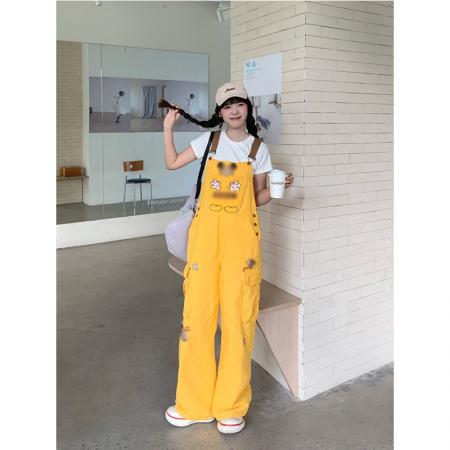 FA38136# 很秀可爱背带牛仔裤女美式复古卡通猫咪宽松显瘦长裤潮 服裝批發女裝批發服飾貨源