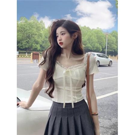 FA38140# 奶浴泡芙V领蕾丝上衣女夏纯欲辣妹修身蝴蝶结短袖T恤 服裝批發女裝批發服飾貨源