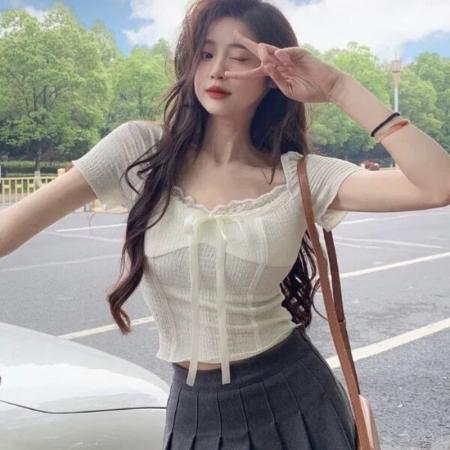 FA38140# 奶浴泡芙V领蕾丝上衣女夏纯欲辣妹修身蝴蝶结短袖T恤 服裝批發女裝批發服飾貨源