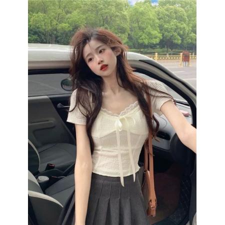 FA38140# 奶浴泡芙V领蕾丝上衣女夏纯欲辣妹修身蝴蝶结短袖T恤 服裝批發女裝批發服飾貨源