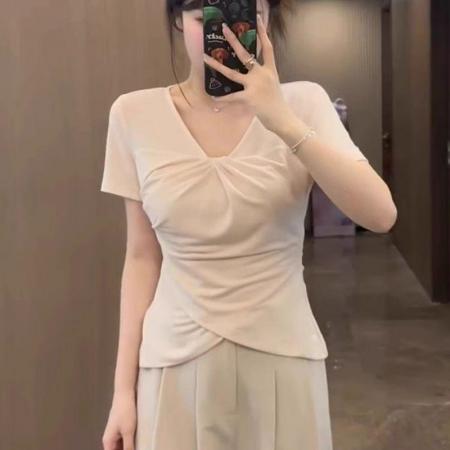 FA38141# 纯欲V领正肩短袖t恤女胖mm收腰遮肉显瘦小上衣 服裝批發女裝批發服飾貨源