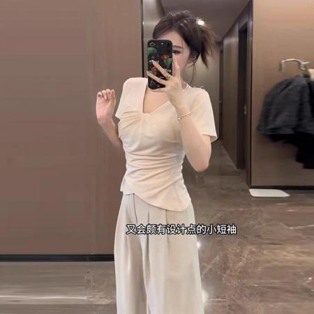 FA38141# 纯欲V领正肩短袖t恤女胖mm收腰遮肉显瘦小上衣 服裝批發女裝批發服飾貨源