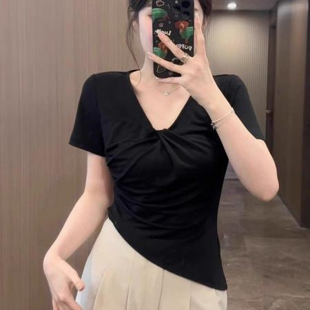 FA38141# 纯欲V领正肩短袖t恤女胖mm收腰遮肉显瘦小上衣 服裝批發女裝批發服飾貨源