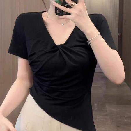 FA38141# 纯欲V领正肩短袖t恤女胖mm收腰遮肉显瘦小上衣 服裝批發女裝批發服飾貨源