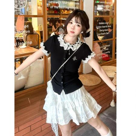 FA38143# 精棉螺纹波点拼接黑色短袖女夏季正肩t恤修身短款上衣 服裝批發女裝批發服飾貨源