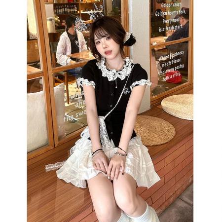 FA38143# 精棉螺纹波点拼接黑色短袖女夏季正肩t恤修身短款上衣 服裝批發女裝批發服飾貨源