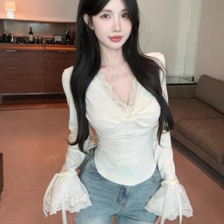 FA38146# 螺纹德绒蕾丝拼接扭结v领长袖T恤女喇叭袖修身内搭打底衫 服裝批發女裝批發服飾貨源