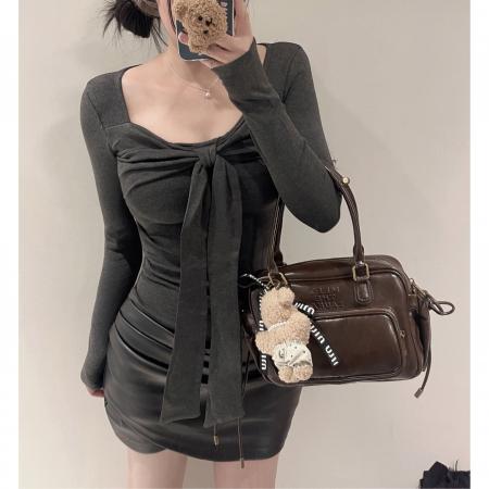 FA38147# 莫代尔人棉纯欲蝴蝶结绑带红色T恤女气质修身打底衫上衣 服裝批發女裝批發服飾貨源